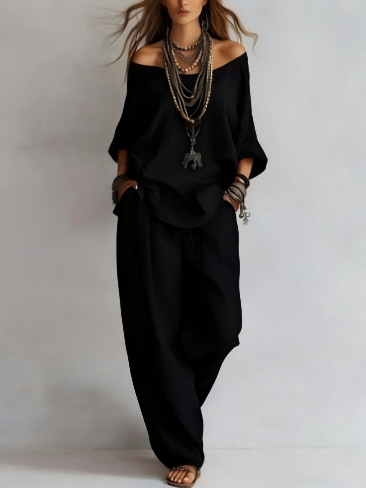 Women's Off-Shoulder Top & Wide-Leg Pants Set