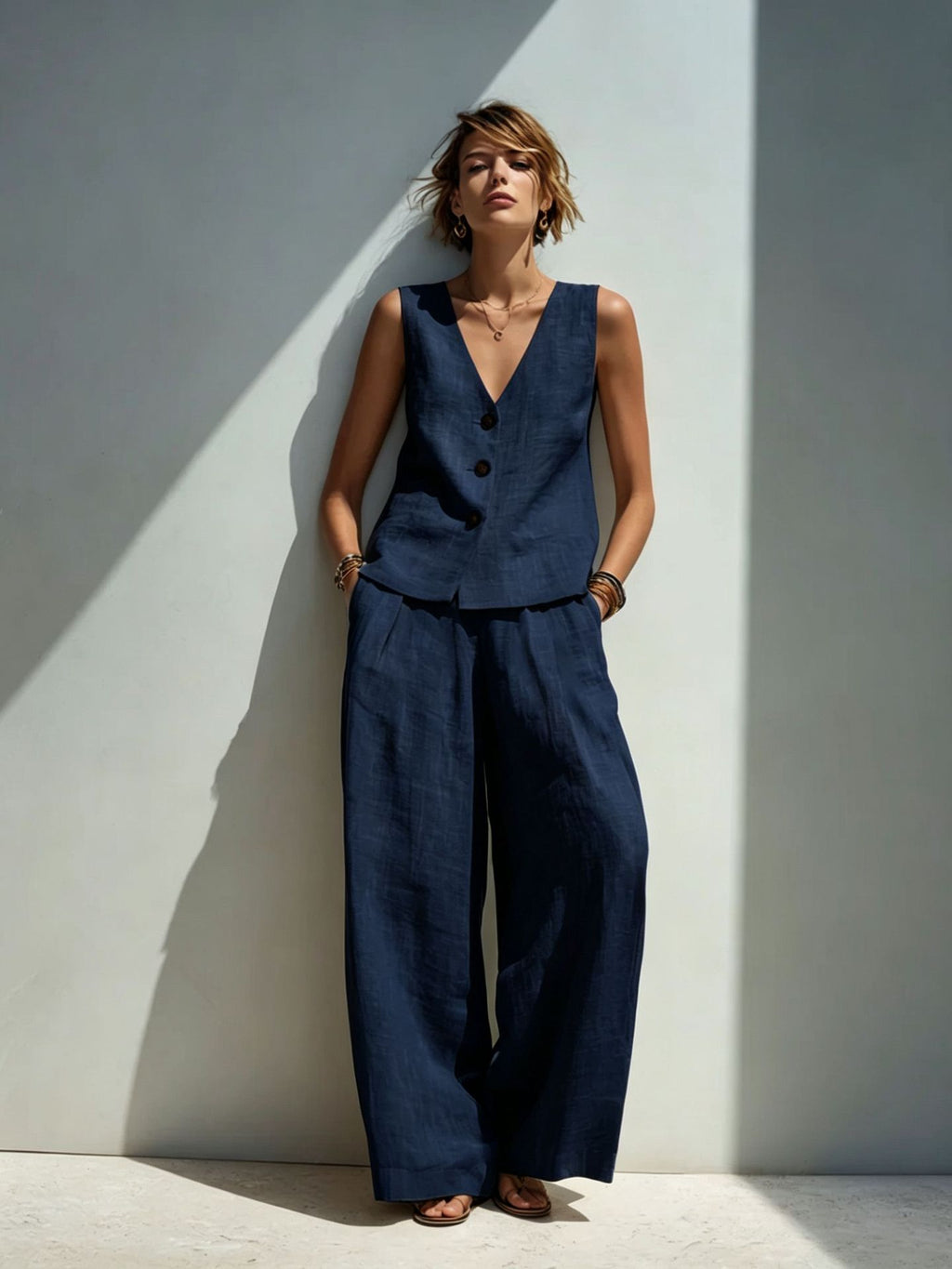 Linen Blend V-Neck Buttoned Vest & High-Waist Wide-Leg Pants Set – 5 Colors S–3XL