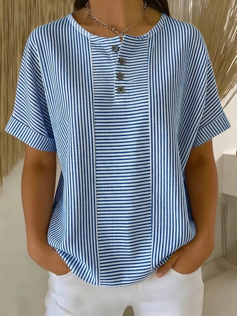Women's Striped T-Shirt – V-Neck, Button Detail, Loose Fit