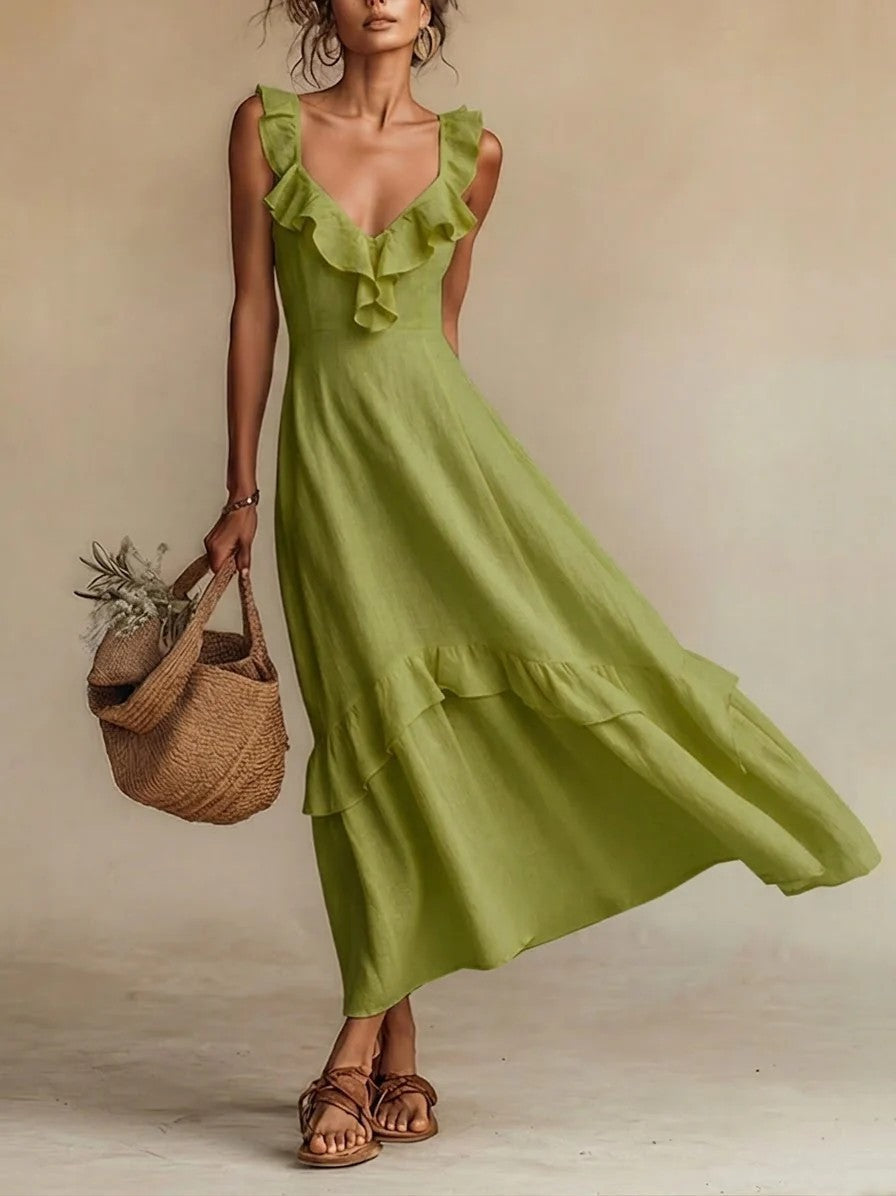Sleeveless Ruffle Detail High-Waist Maxi Dress – 7 Colors, S–3XL
