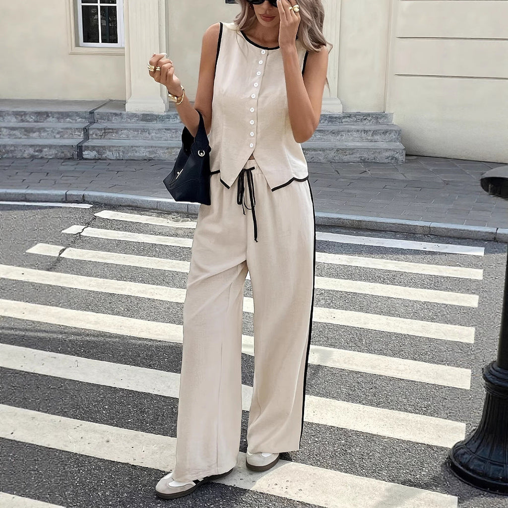 Women's Contrast Color Sleeveless Vest & Drawstring Trousers Suit – 6 Colors S–XXL