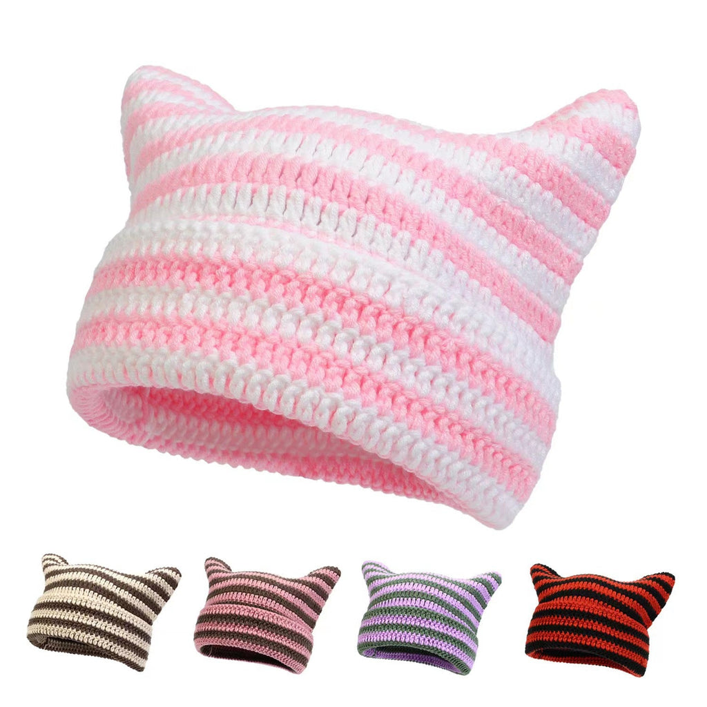 Women’s Hand Knitted Striped Cat Hat – Cute Warm Winter Beanie