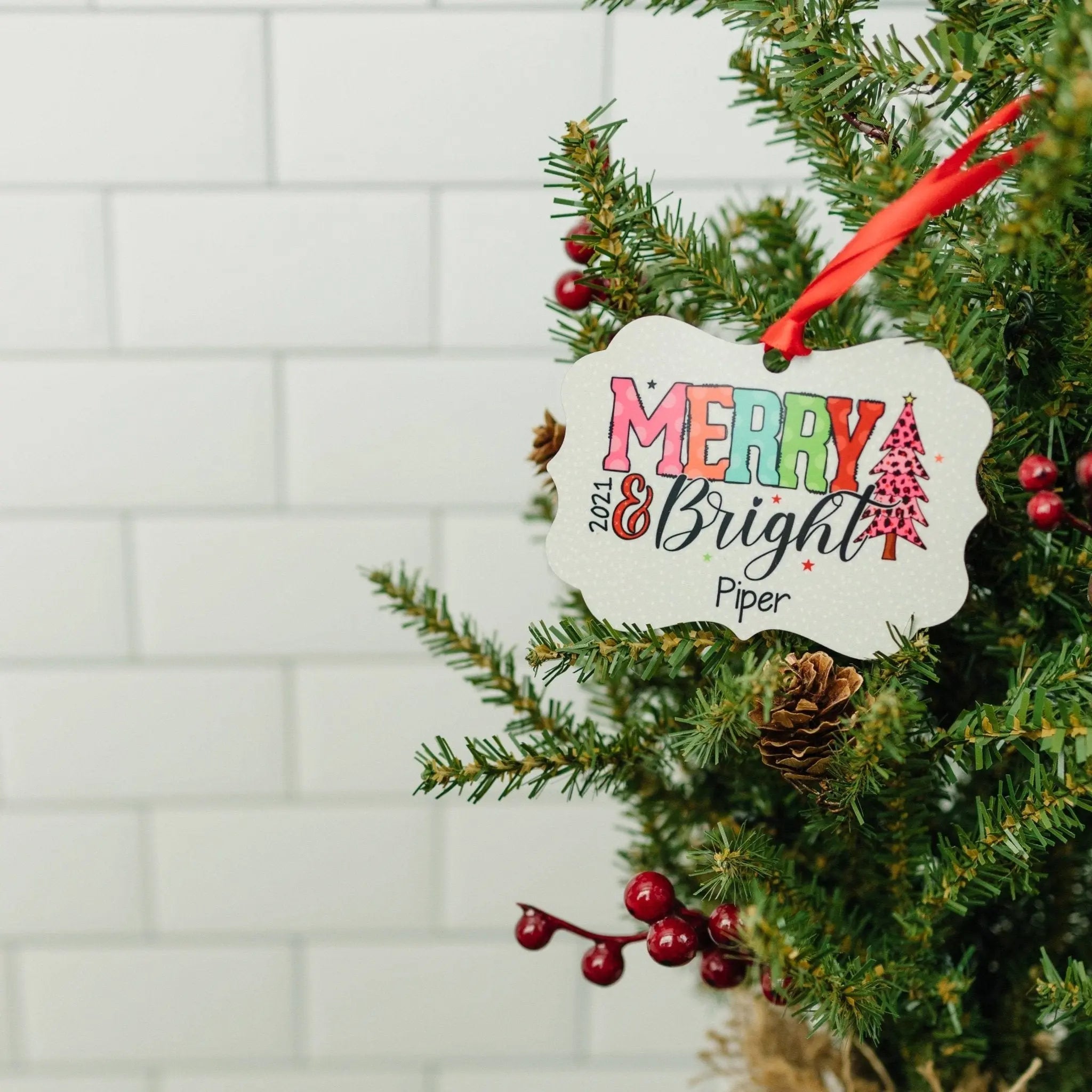 Girl Christmas Ornament - Merry & Bright Colorful Personalized Christmas Ornament - Pink Cheetah Polka Dots Christmas Ornament for Girls