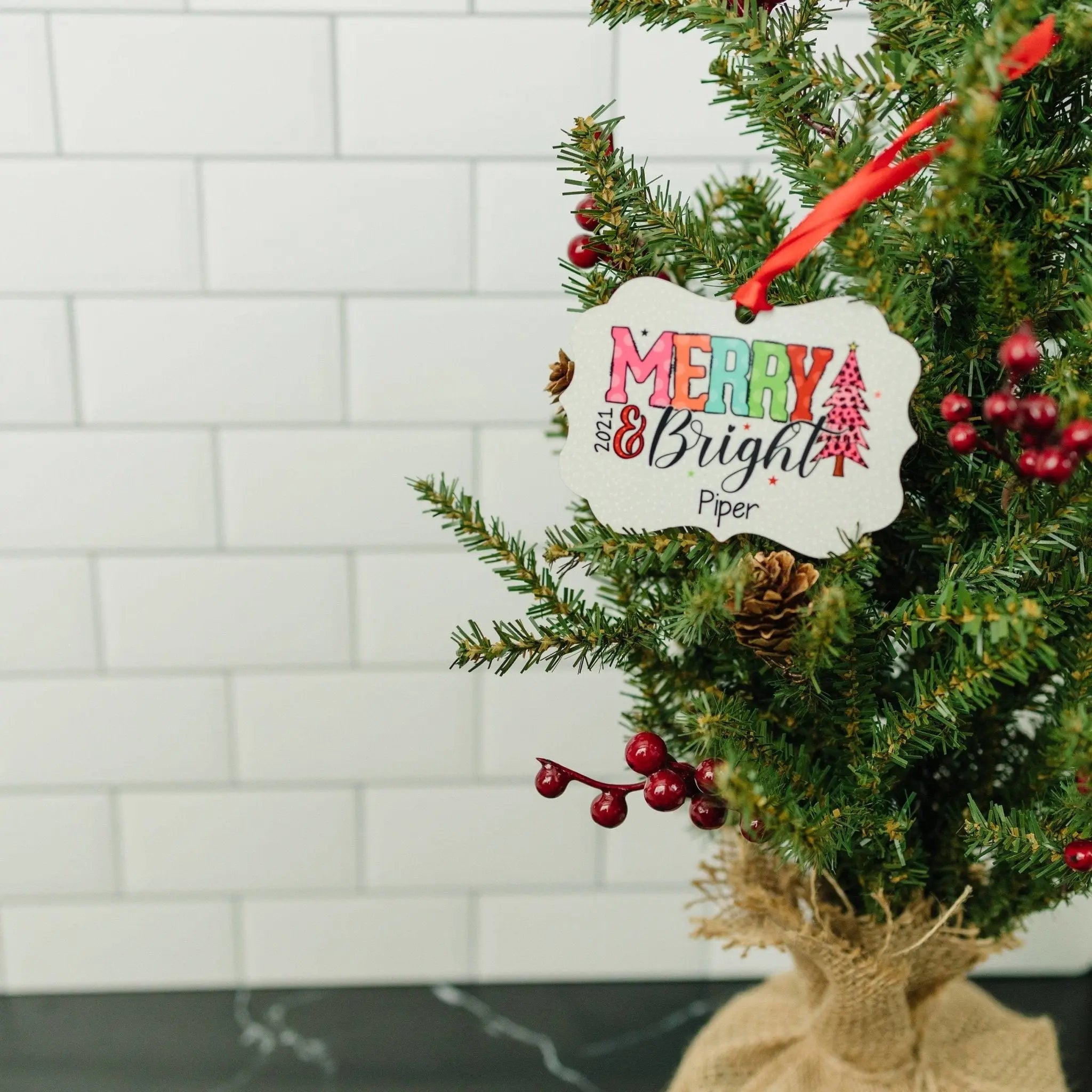Girl Christmas Ornament - Merry & Bright Colorful Personalized Christmas Ornament - Pink Cheetah Polka Dots Christmas Ornament for Girls