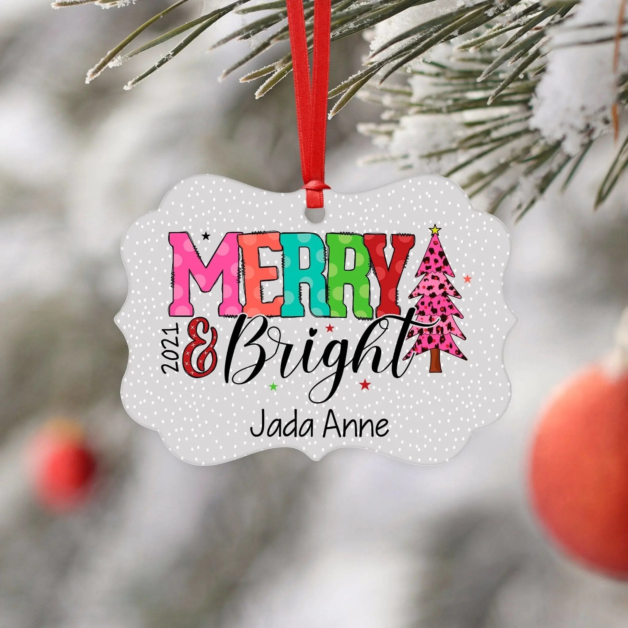 Girl Christmas Ornament - Merry & Bright Colorful Personalized Christmas Ornament - Pink Cheetah Polka Dots Christmas Ornament for Girls
