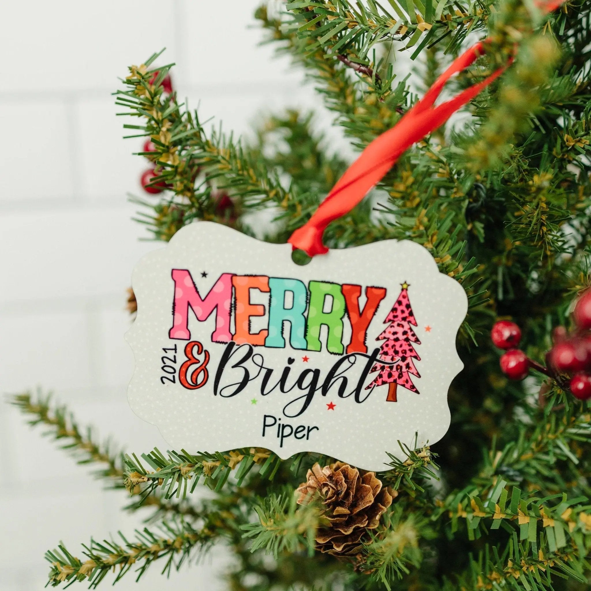 Girl Christmas Ornament - Merry & Bright Colorful Personalized Christmas Ornament - Pink Cheetah Polka Dots Christmas Ornament for Girls