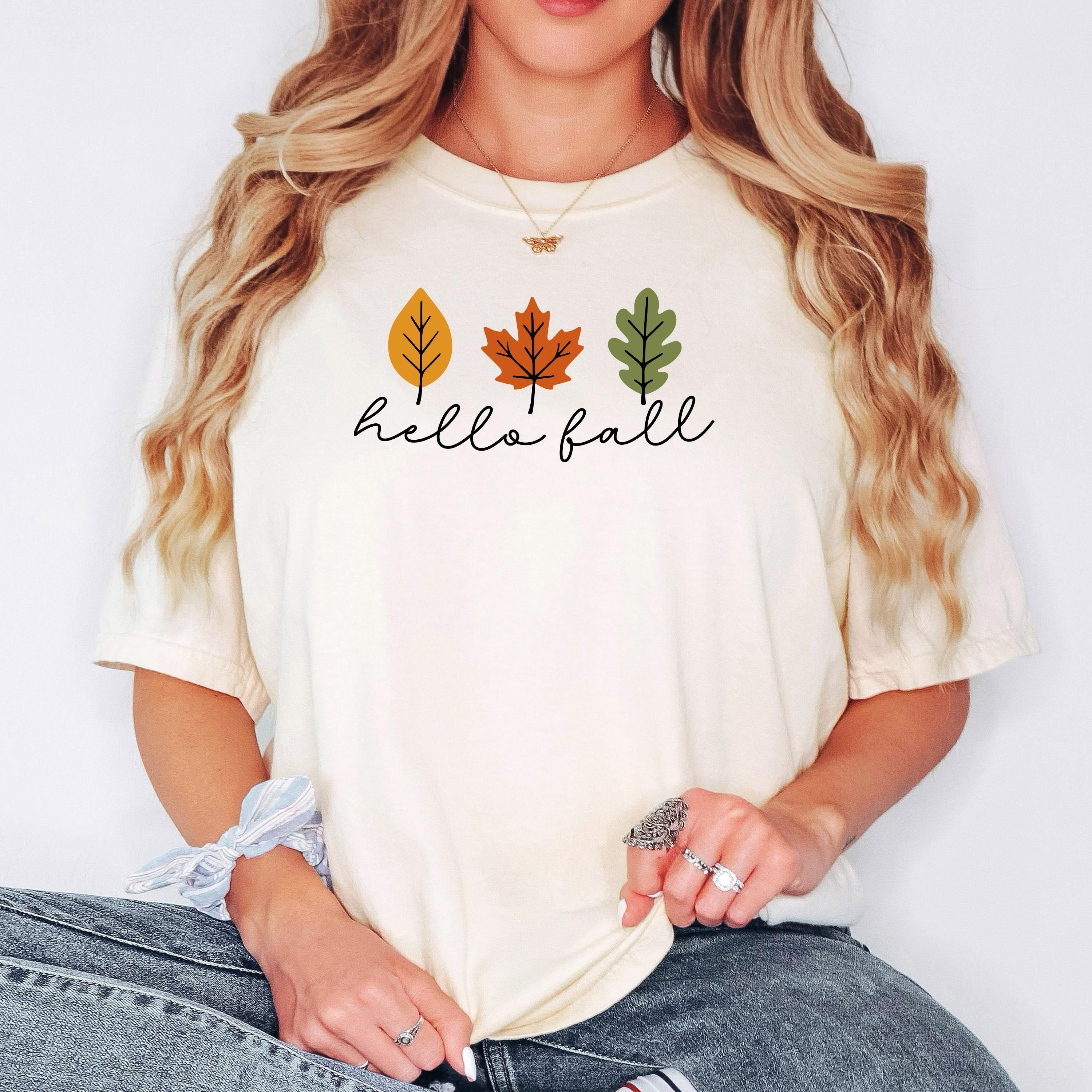 Comfort Colors T-shirt Minimalistic Hello Fall with Leaves Graphic, Vintage Style Cozy Fall Top, Gift for Autumn, Relaxed Fit Casual Tee