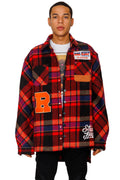 AUREOLIN Men's graphic prints and patches red plaid pattern cotton heavy flannel elongated oversize snap button outer shirt.