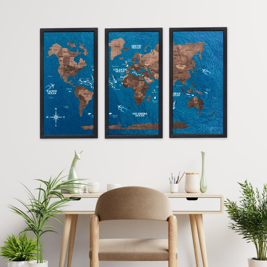 Triptych Wall Art - Wooden World Map (Dark Walnut)