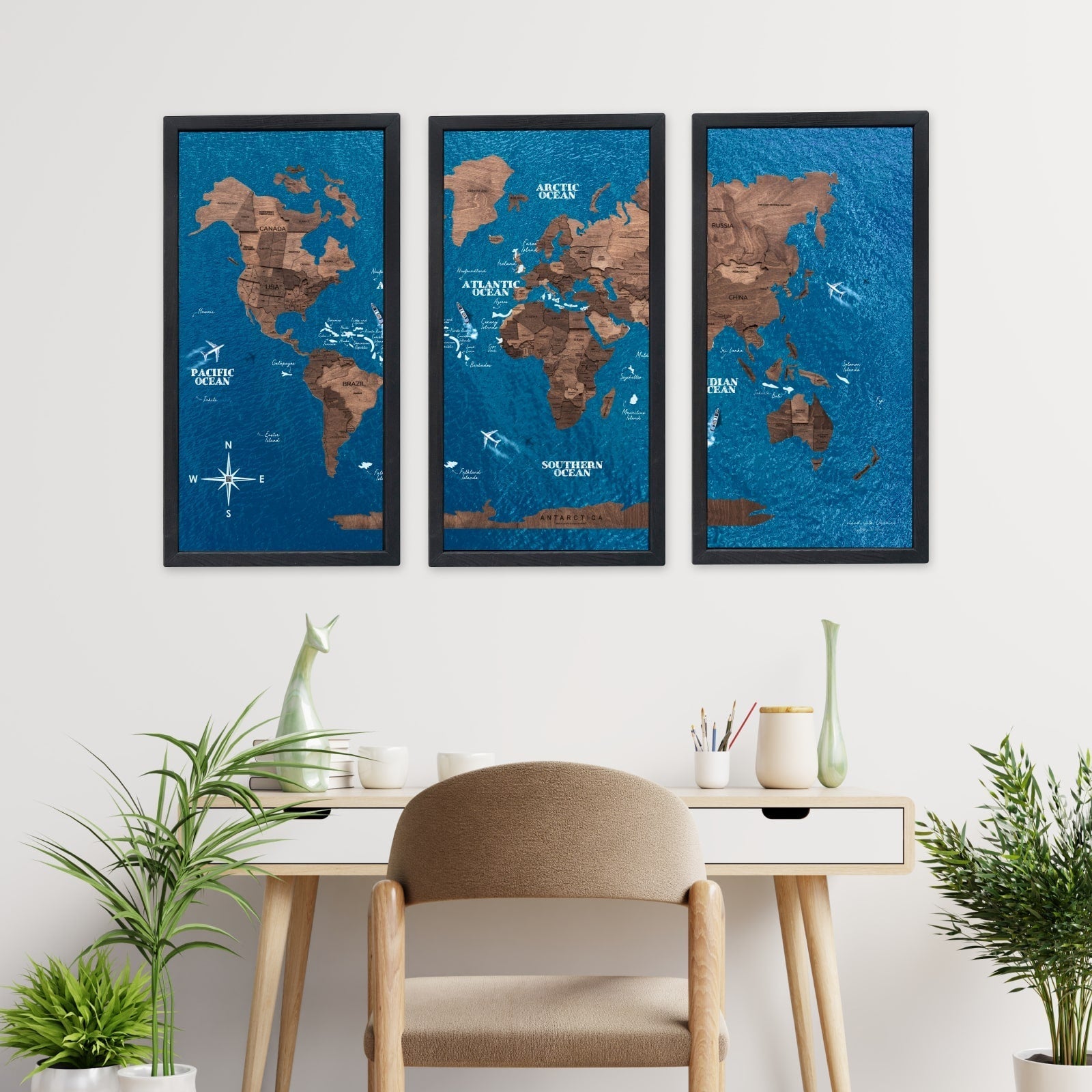 Triptych Wall Art - Wooden World Map (Dark Walnut)