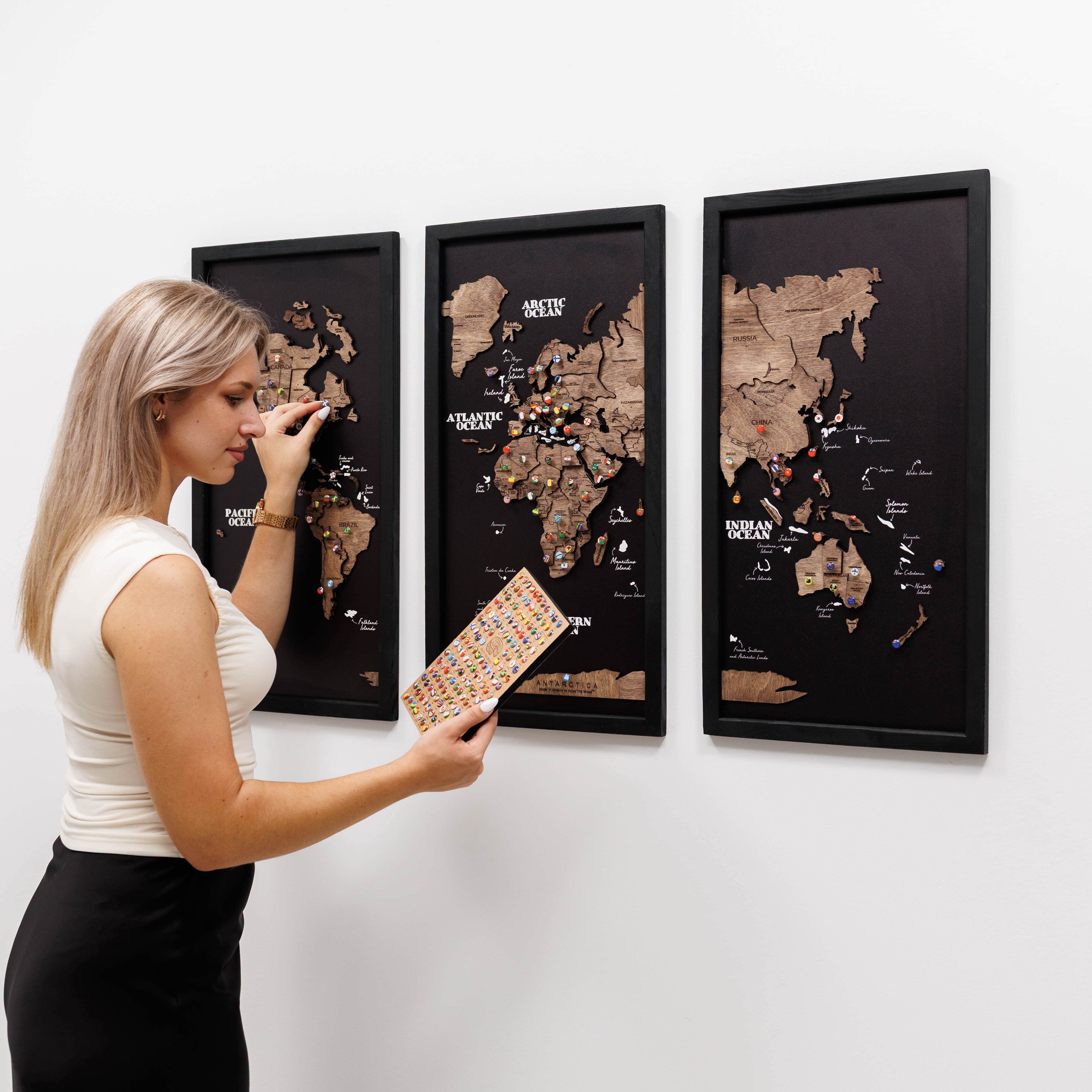 Triptych Wall Art - Wooden World Map (Dark Walnut)