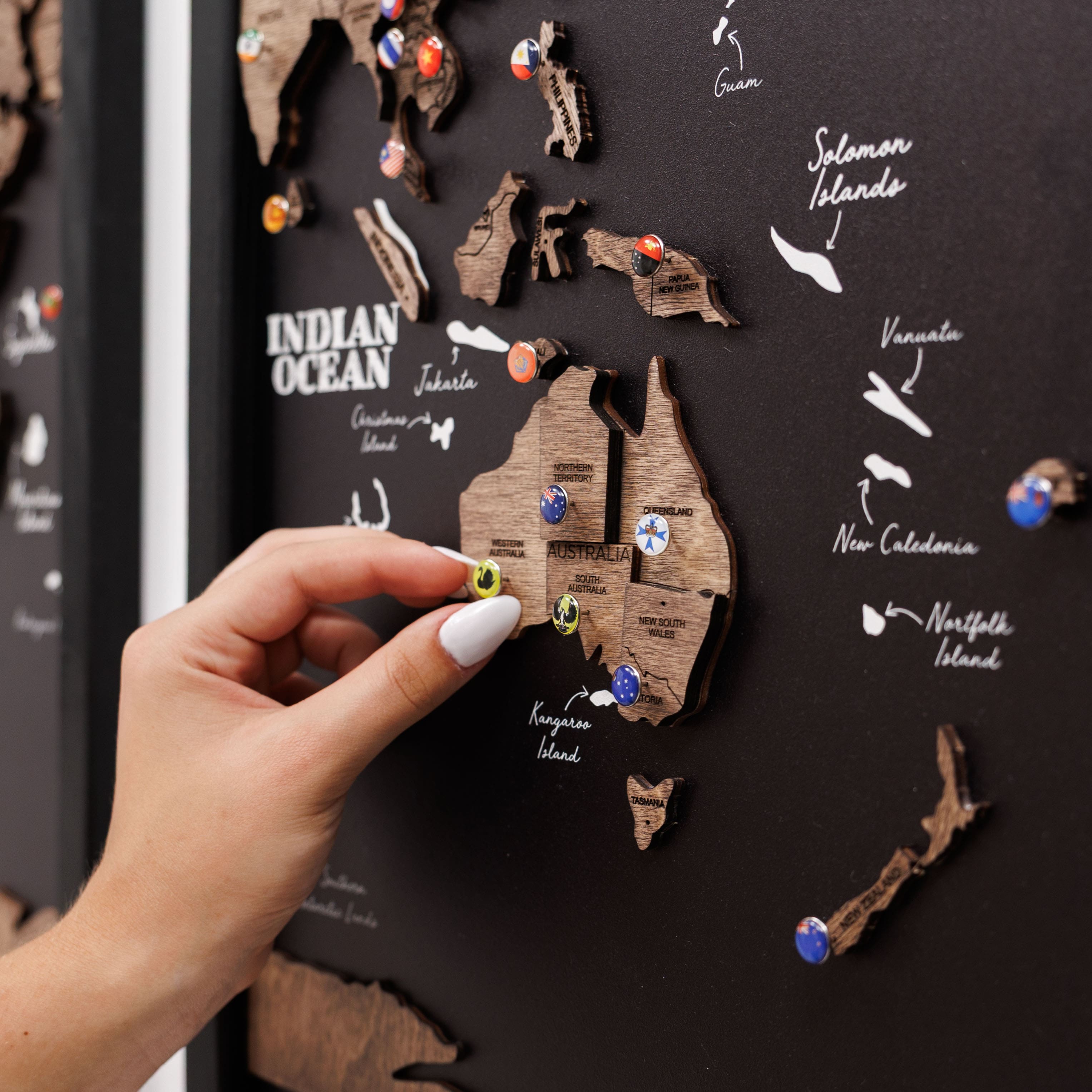 Triptych Wall Art - Wooden World Map (Dark Walnut)