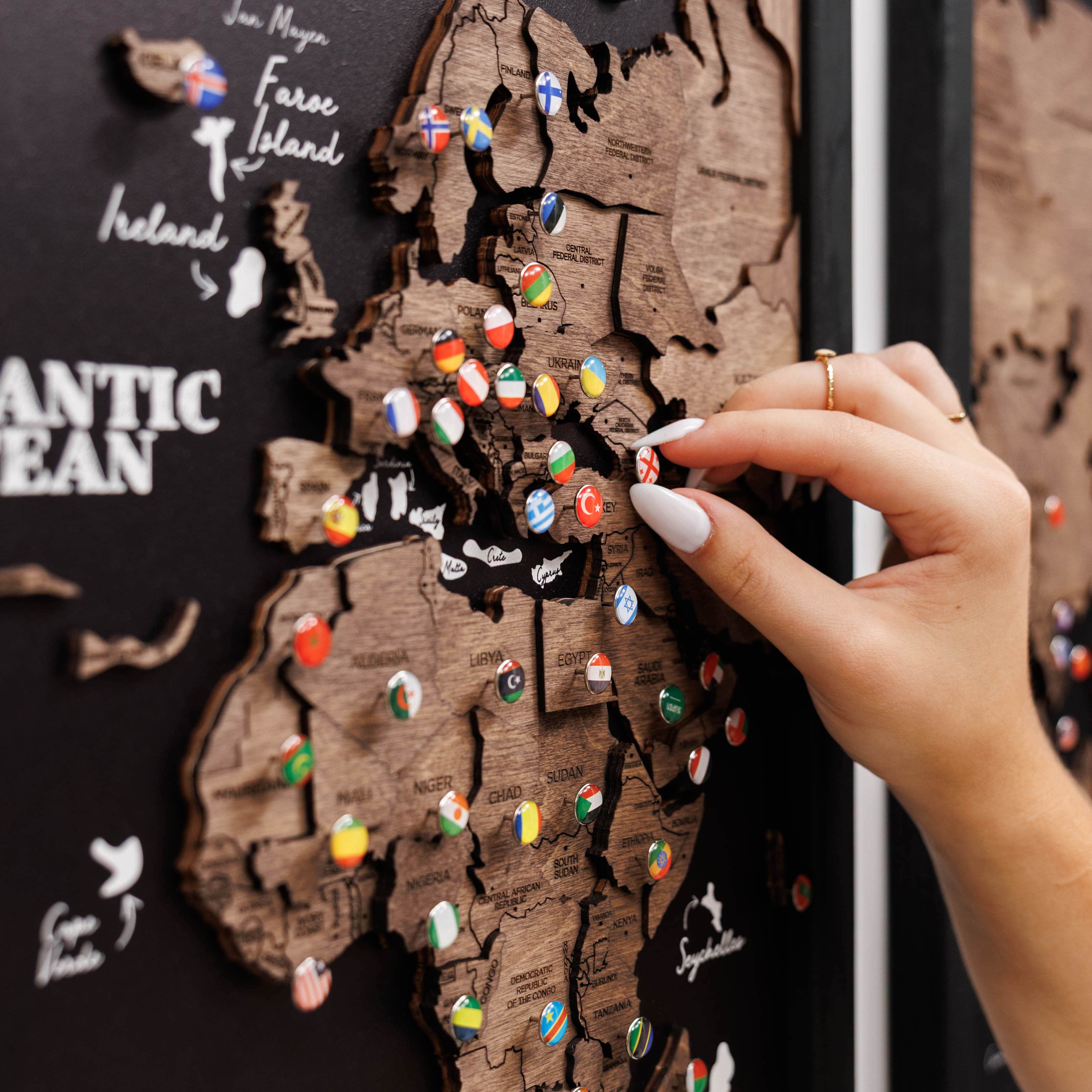 Triptych Wall Art - Wooden World Map (Dark Walnut)