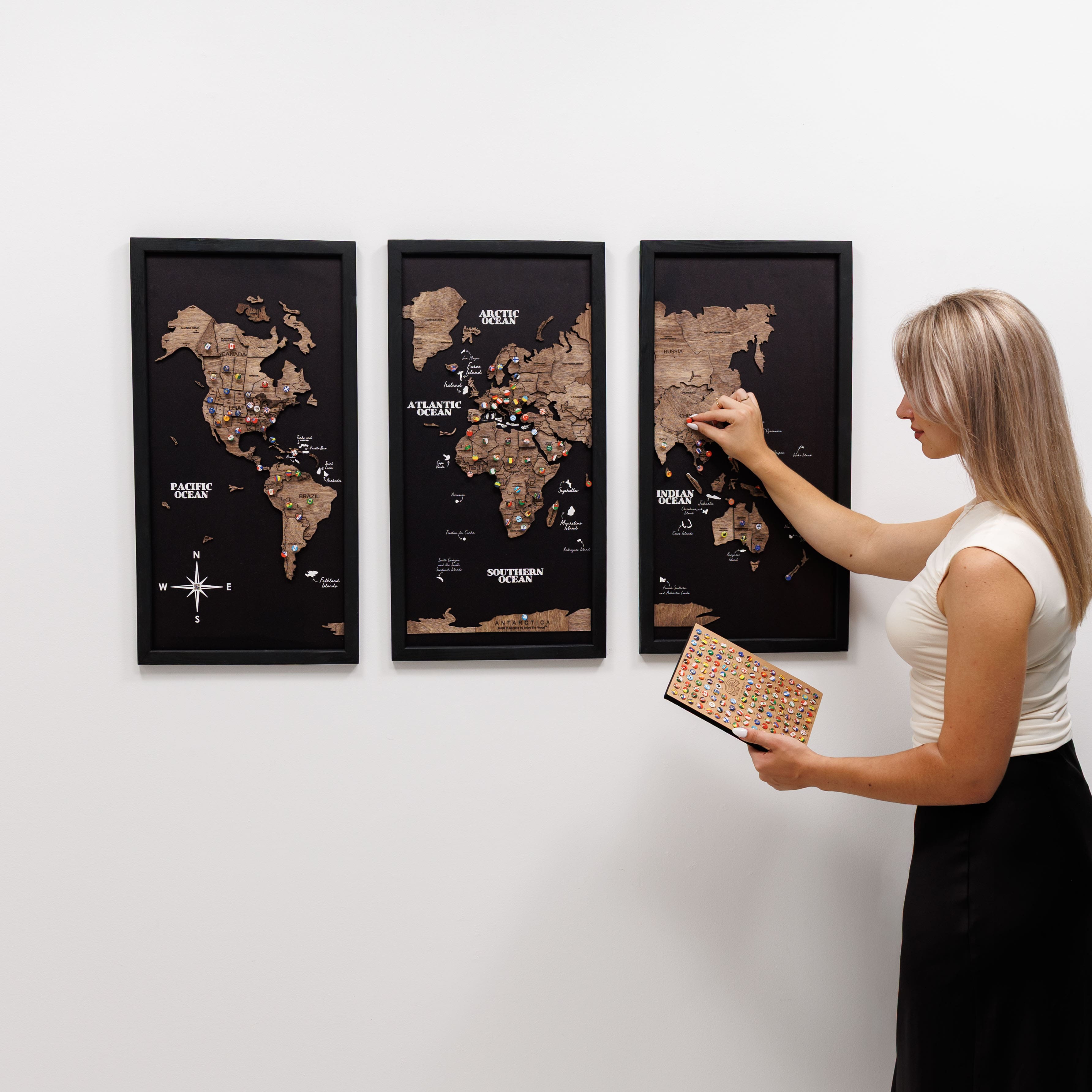 Triptych Wall Art - Wooden World Map (Dark Walnut)