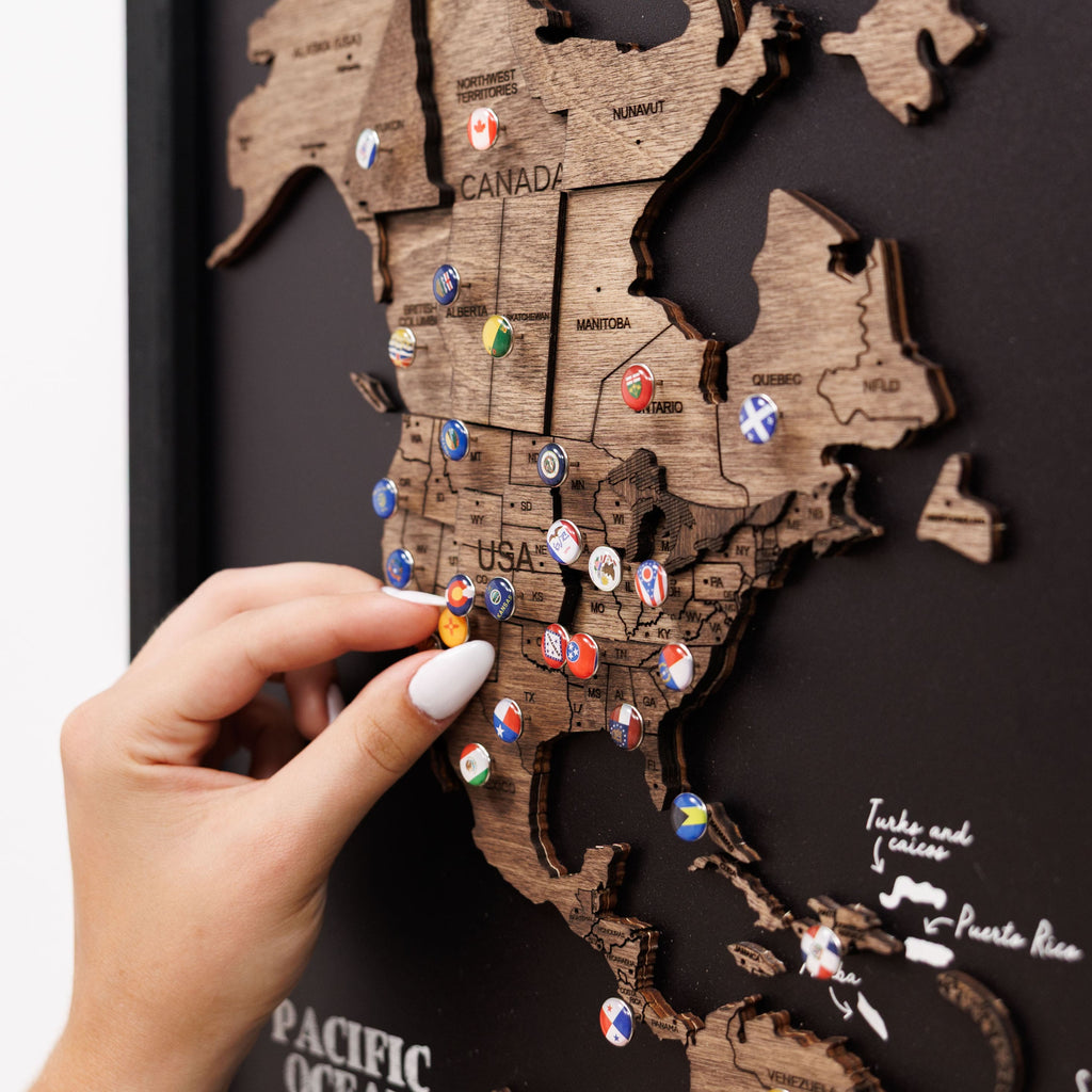 Triptych Wall Art - Wooden World Map (Dark Walnut)