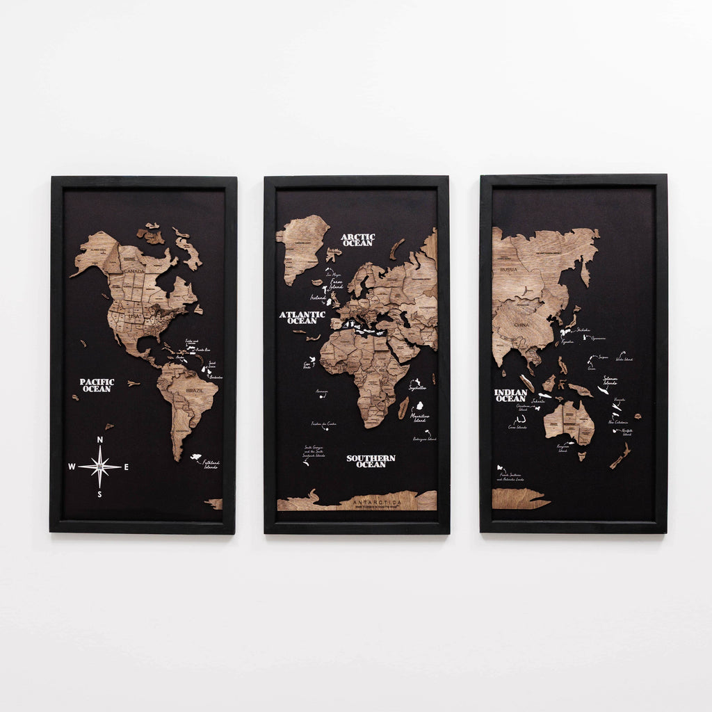 Triptych Wall Art - Wooden World Map (Dark Walnut)