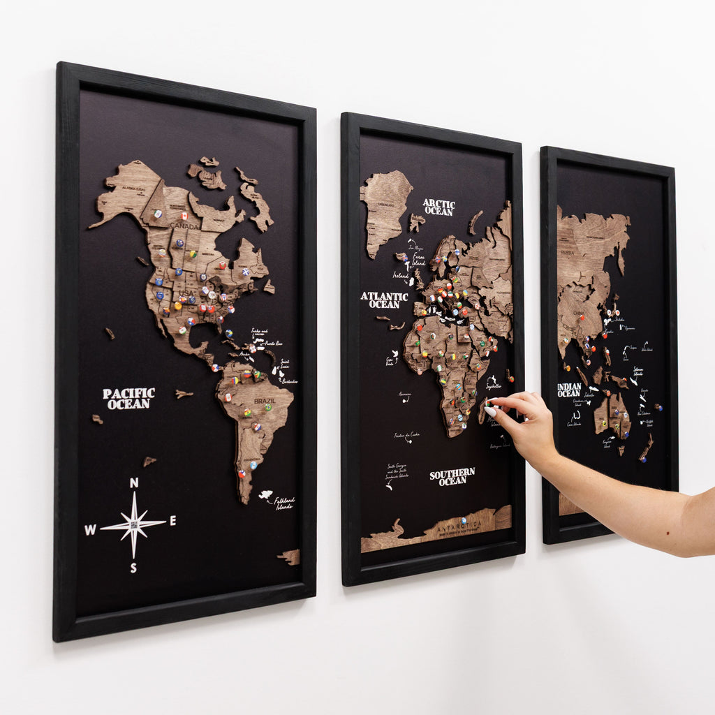 Triptych Wall Art - Wooden World Map (Dark Walnut)