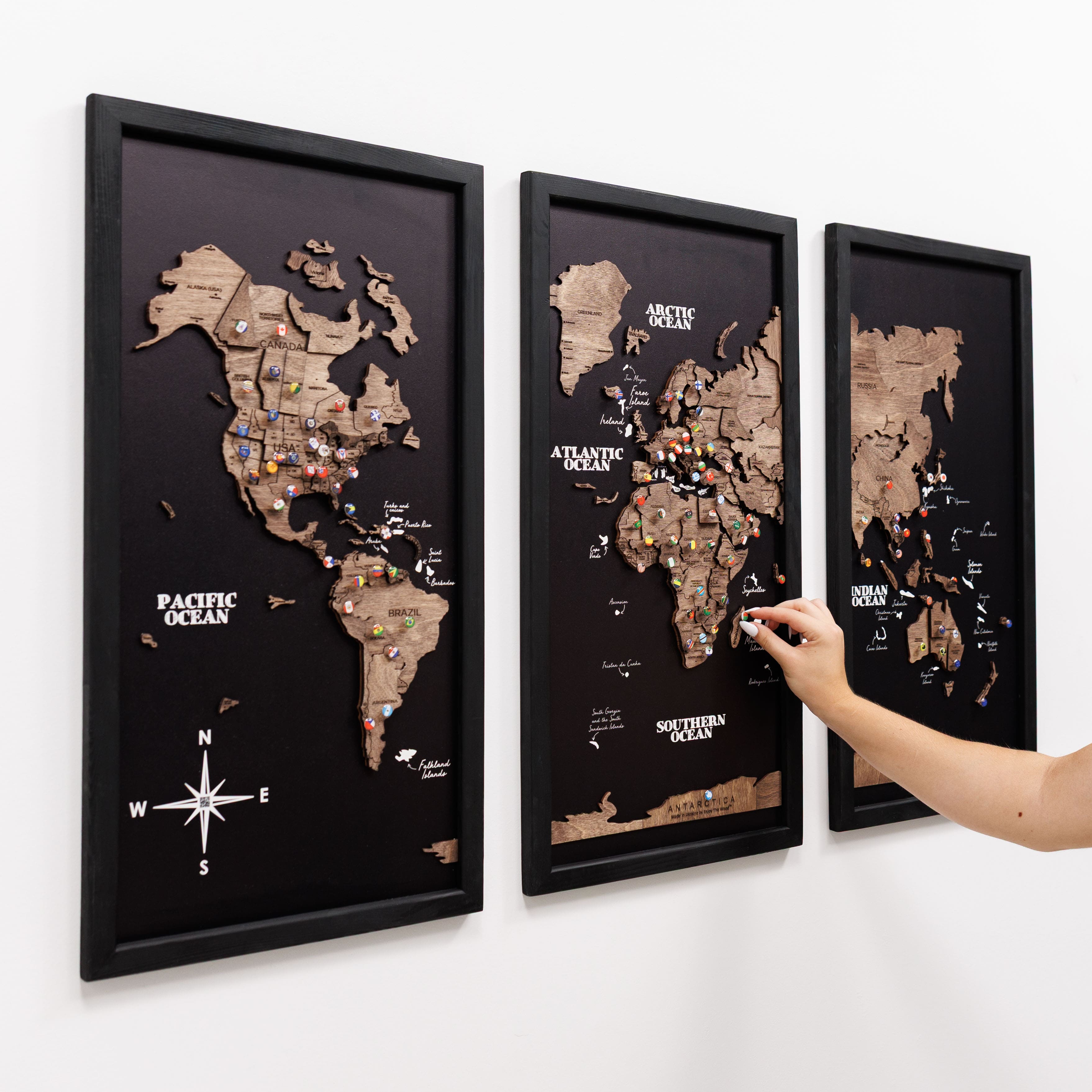 Triptych Wall Art - Wooden World Map (Dark Walnut)