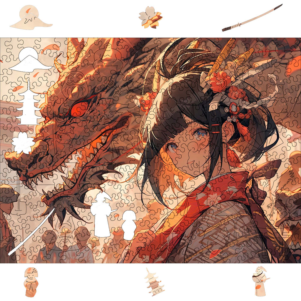 Wooden Jigsaw Puzzle Anime Lady and Red Dragon